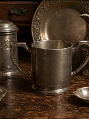 Vintage Silver Tone Creamer & Covered Sugar Bowl Set Mid Century Patina Decor